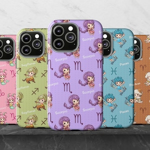 Zodiac sign cute cartoon girls phone case for iPhone 16 Pro Max, 15 Pro, 14 Plus, 13 Mini, 12 Mini, 11 Pro, SE, XS, XR, 8 Plus, 7 Plus