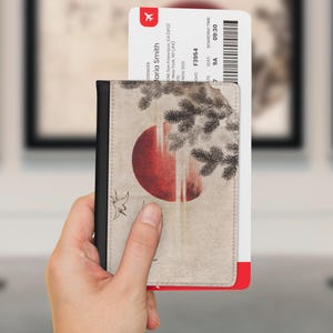 Katsushika Hokusai - Capa para passaporte, porta-cartões, carteira de viagem, porta-cartão de embarque, acessórios, com tema de pássaros e pôr do sol. Arte japonesa com pôr do sol.