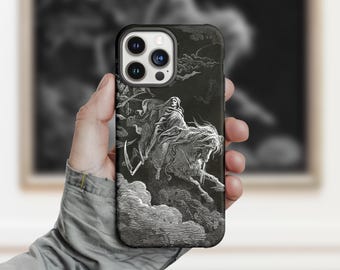 May include: Black phone case featuring a detailed, grayscale illustration of a figure on horseback, reminiscent of a classical engraving. The design includes clouds and a flowing cloak, creating a dramatic effect. The case has a black border and a camera cutout.
