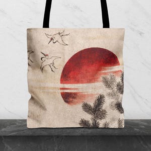 Katsushika Hokusai - Vögel und Sonnenuntergang tote bag, Stofftasche, All Over Print Tasche, Tragetasche, Accessoires für jeden Tag. Japanische Sonnenuntergangskunst.