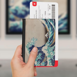 Katsushika Hokusai - La Gran Ola de Kanagawa: funda para pasaporte, tarjetero, cartera de viaje, porta tarjetas de embarque y accesorios. Arte japonés.