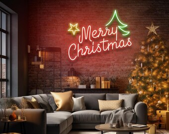 Sapin de Noël joyeux et étoile - Enseigne néon LED