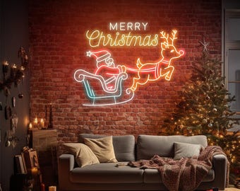 Joyeux Noël Père Noël et Renne - Enseigne Néon Led