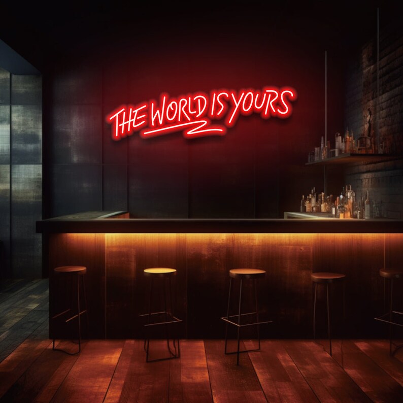 Insegna LED Neon The World Is Yours: 41x31 Cm, Luci Regolabili Rosa E Blu Ghiaccio Con Motivo Terra