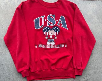 Sudadera vintage Jerzees USA American Teddy Collection de 1995, roja, talla grande, hecha en EE. UU.