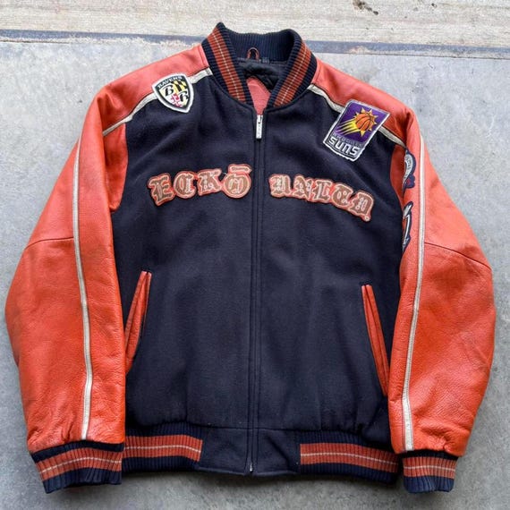 ぼ*ー様 90s ECKO UNLTD　レザー スタジャン ラムレザー Vintage Ecko Unltd Leather Varsity Jacket Size XL Ravens Suns