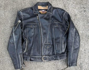 Chaqueta de cuero negra estilo motera Harley Davidson para mujer, vintage de 1992, talla mediana.
