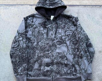 Y2K Skull AOP Sherpa Lined Hoodie - Vintage Skate Style XL