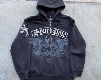 Moletom com capuz Southpole Vintage Y2K Distressed Full Zip, estampa preta Fleur De Lis, tamanho M