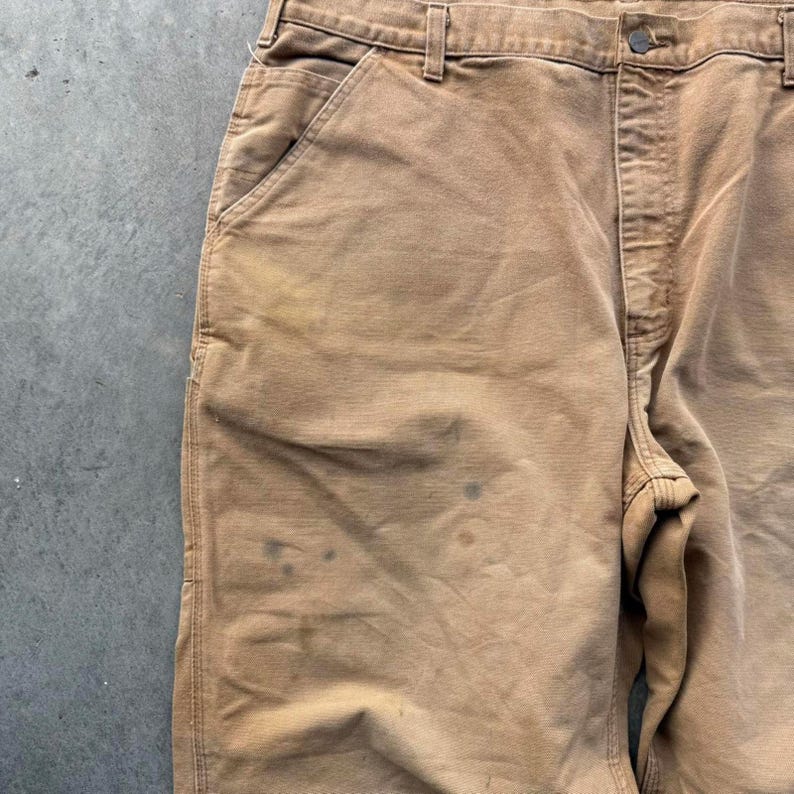 Pantalones de carpintero Carhartt vintage color tostado con parche de cuero, talla 42 x 30 imagen 6