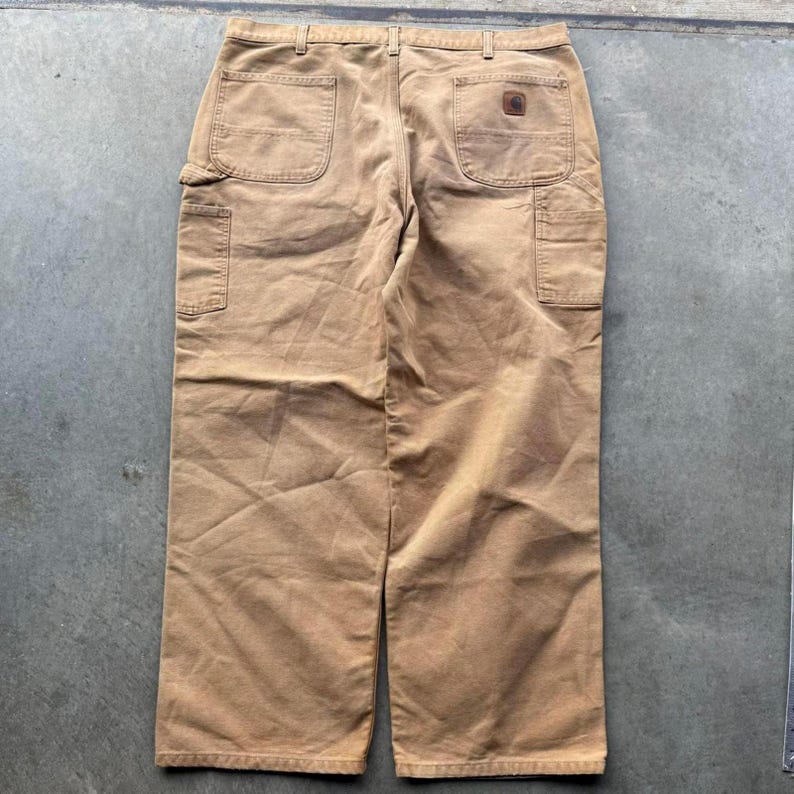 Pantalones de carpintero Carhartt vintage color tostado con parche de cuero, talla 42 x 30 imagen 1