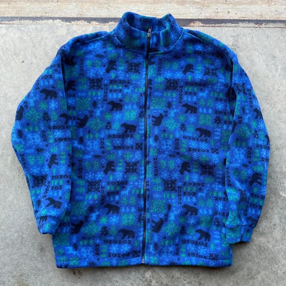 Vintage 90s Lands End Blue Fleece Bear Nature Design Zip up