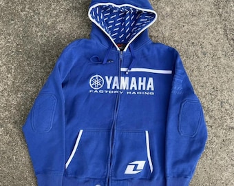 Sudadera con capucha azul Yamaha estilo años 20 (VTG Y2K) con cremallera, talla mediana