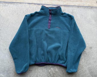 Vintage LL Bean women’s teal T snap fleece pullover size medium cropped fit
