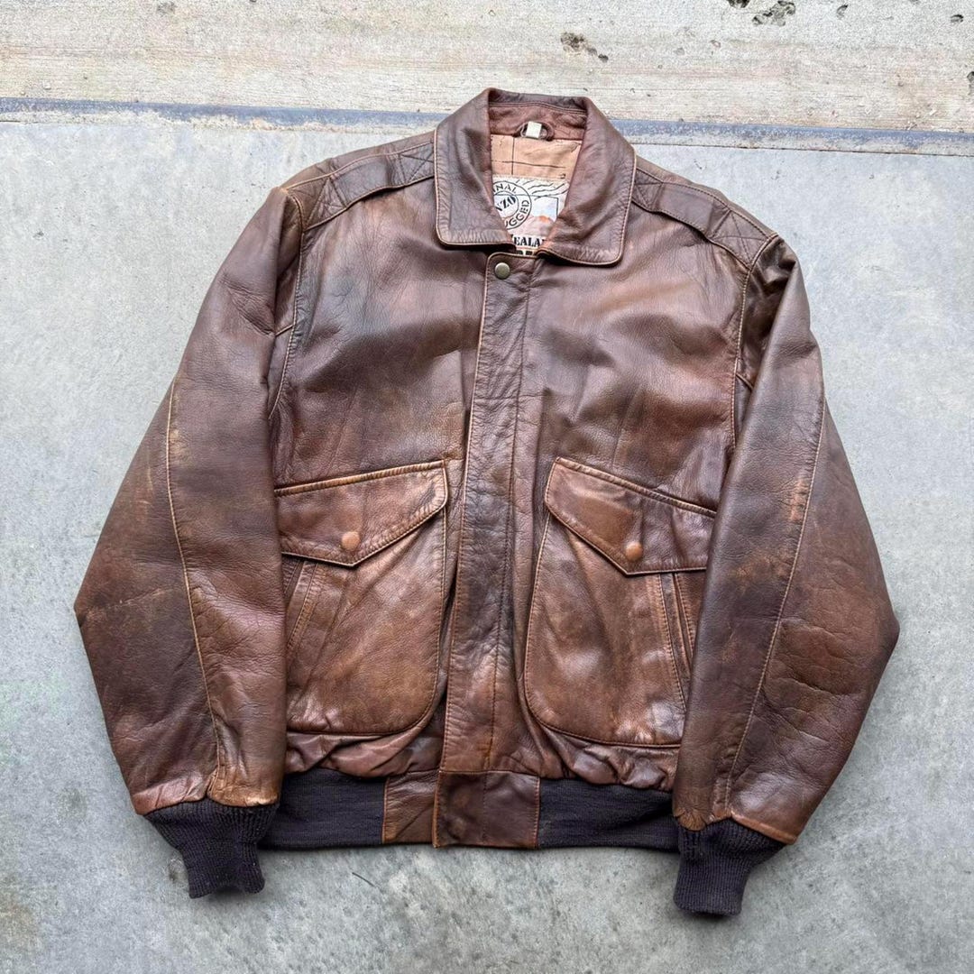Vintage 90s Newzealand Outback Brown Leather Bomber Jacket Size Small ...