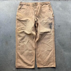 Pantalones de carpintero Carhartt vintage color tostado con parche de cuero, talla 42 x 30 imagen 2