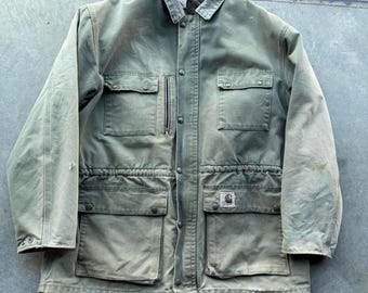Jaqueta utilitária Carhartt vintage dos anos 90, verde desbotado, forrada com manta, tamanho 2XL.