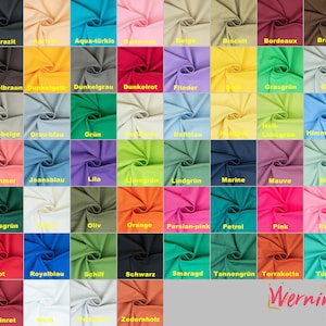 Puede incluir: Una carta de colores de muestras de tela con nombres alemanes para cada color. Las muestras están dispuestas en una cuadrícula de 10 filas y 5 columnas. Los colores incluyen rojo, azul, verde, amarillo, naranja, morado, marrón, gris, blanco y negro.