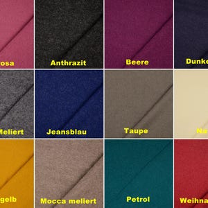 Könnte beinhalten: Eine Farbkarte mit 12 verschiedenen Stoffmustern. Die Muster sind in einem 4x3 Raster angeordnet. Die Farben umfassen: Altrosa, Anthrazit, Beere, Dunkelblau, Grau-Meliert, Jeansblau, Taupe, Natur, Senfgelb, Mocca meliert, Petrol und Weihnachtsrot.