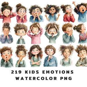 Puede incluir: Ilustraciones en acuarela de niños que expresan diversas emociones. La imagen presenta una colección de niños con diferentes expresiones faciales, incluyendo sorpresa, enfado y tristeza. El texto en la parte inferior dice "219 KIDS EMOTIONS WATERCOLOR PNG."
