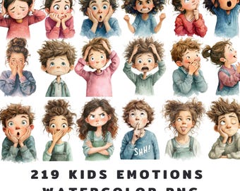 Clipart d'émotions d'enfants à l'aquarelle | Expressions faciales PNG (Téléchargement numérique)