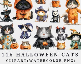 Halloween Cats Clipart Bundle: 116 Watercolor PNG Costumes (Digital Download)