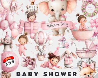 Watercolor Baby Girl Clipart: Elephant & Balloons (PNG Digital Download)