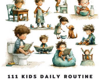 Watercolor Kids Daily Routine Clipart, Toddler Activities PNG, Visual Schedule, Chore Chart Elements