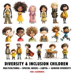 May include: A vibrant illustration showcasing a variety of children. The image depicts children of different ethnicities, hairstyles, and attire. Text at the bottom reads "Diversity & Inclusion Children" with additional text about multiculturalism, special needs, LGBTQ+, and gender diversity.