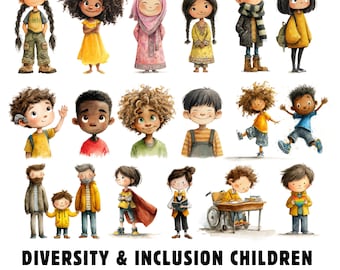 Clipart de niños inclusivos: Paquete de acuarelas sobre niños multiculturales, con discapacidad, LGBTQ, con necesidades especiales y diversos.