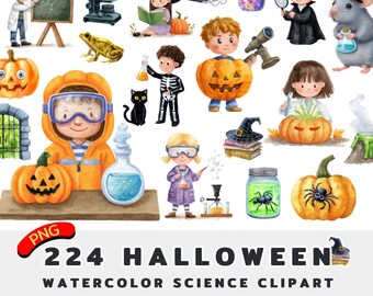 Halloween Science Watercolor Clipart | STEM Kids PNG Bundle