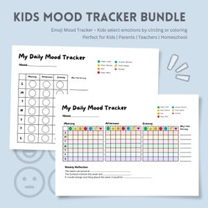 May include: A bundle of printable kids' mood trackers. The top sheet reads "KIDS MOOD TRACKER BUNDLE" and "My Daily Mood Tracker". The trackers include spaces to circle or color emojis representing emotions. Includes a weekly reflection section.