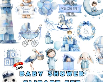 Baby Boy Shower Clipart Set Blue Watercolor PNG Bundle