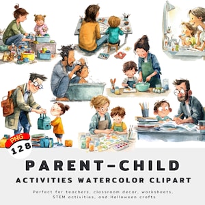 Può includere: Clipart ad acquerello con attività genitori-figli. Le scene mostrano genitori e figli impegnati in varie attività come dipingere, fare il bagno e studiare. L'immagine include il testo "PARENT-CHILD ACTIVITIES WATERCOLOR CLIPART".