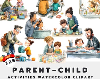 Clipart de acuarela para padres e hijos: Paquete PNG de actividades familiares (descarga digital)