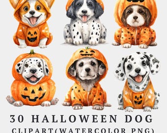 Halloween Dog Clipart Bundle (30 PNG) – Watercolor Pumpkin Dogs, Transparent Background, Fall Stickers & Sublimation
