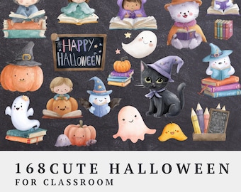 Halloween Classroom Clipart: Watercolor PNG Set for Teachers (Digital Download)