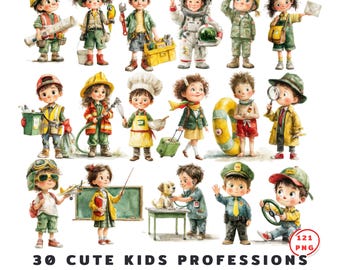 Watercolor Kids Professions Clipart Set | 30 Children Jobs PNG | Career & Occupation Bundle