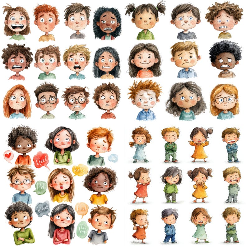 Angry child cartoon face watercolor style, teacher flashcard PNG