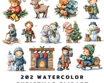 202 Christmas Watercolor PNG, Winter Kids Snowman Clipart, Holiday Graphics for Teacher Worksheets & DIY