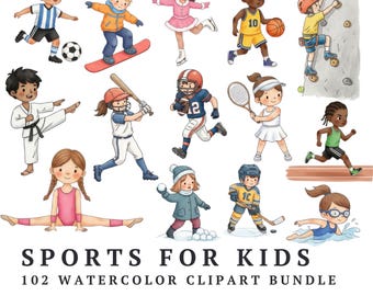 Watercolor Sports Kids Clipart Bundle: Soccer, Basketball, Gymnastics (Digital Download)
