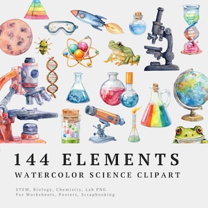 Peut inclure: Clipart scientifique à l'aquarelle avec 144 éléments. L'image présente diverses illustrations scientifiques, notamment un microscope, des flacons, un globe, une fusée et une grenouille. Le texte sur l'image indique "144 ELEMENTS WATERCOLOR SCIENCE CLIPART".