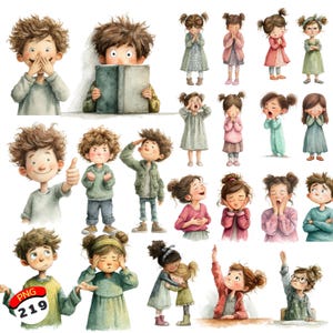 Hand-painted watercolor kids emotion PNGs with transparent background for classroom posters and SEL activities.