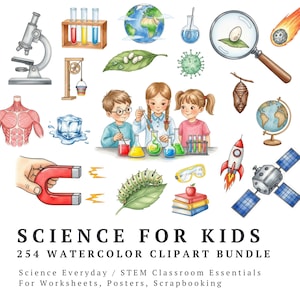 May include: Watercolor clipart bundle with science-themed illustrations. Includes a microscope, test tubes, a globe, children conducting experiments, a rocket, and a satellite. The text reads "SCIENCE FOR KIDS" and "254 WATERCOLOR CLIPART BUNDLE".