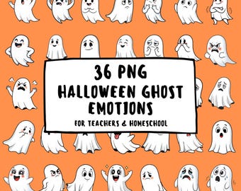 Halloween Ghost Emotions Clipart: SEL Learning Faces (36 PNG)