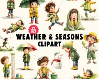 Watercolor Weather Clipart Bundle: Kids, 4 Seasons, Montessori Education & Planner PNG