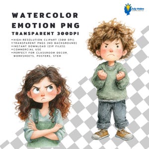 Cute watercolor child faces expressing happiness, sadness, anger, surprise, and other feelings for teacher worksheets.
