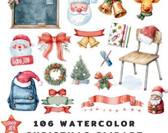 Watercolor Christmas School Clipart Bundle for Kids