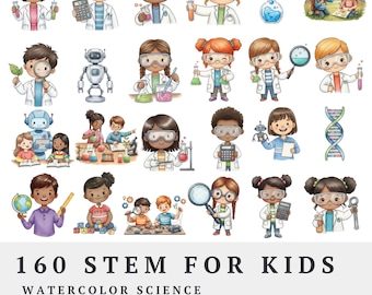 STEM Scientist Kids and Robots Clipart – Science Lab Experiments, Chemistry, Biology, Physics PNG