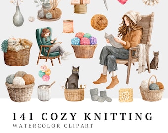 Cozy Knitting Watercolor Clipart Bundle: Yarn, Cats, & More (PNG Digital Download)